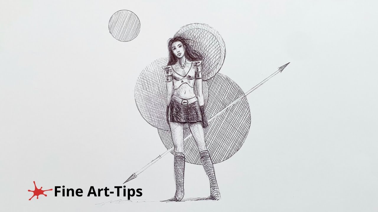 DRAWING A WOMAN WARRIOR WITH A BALLPOINT PEN - Timelapse