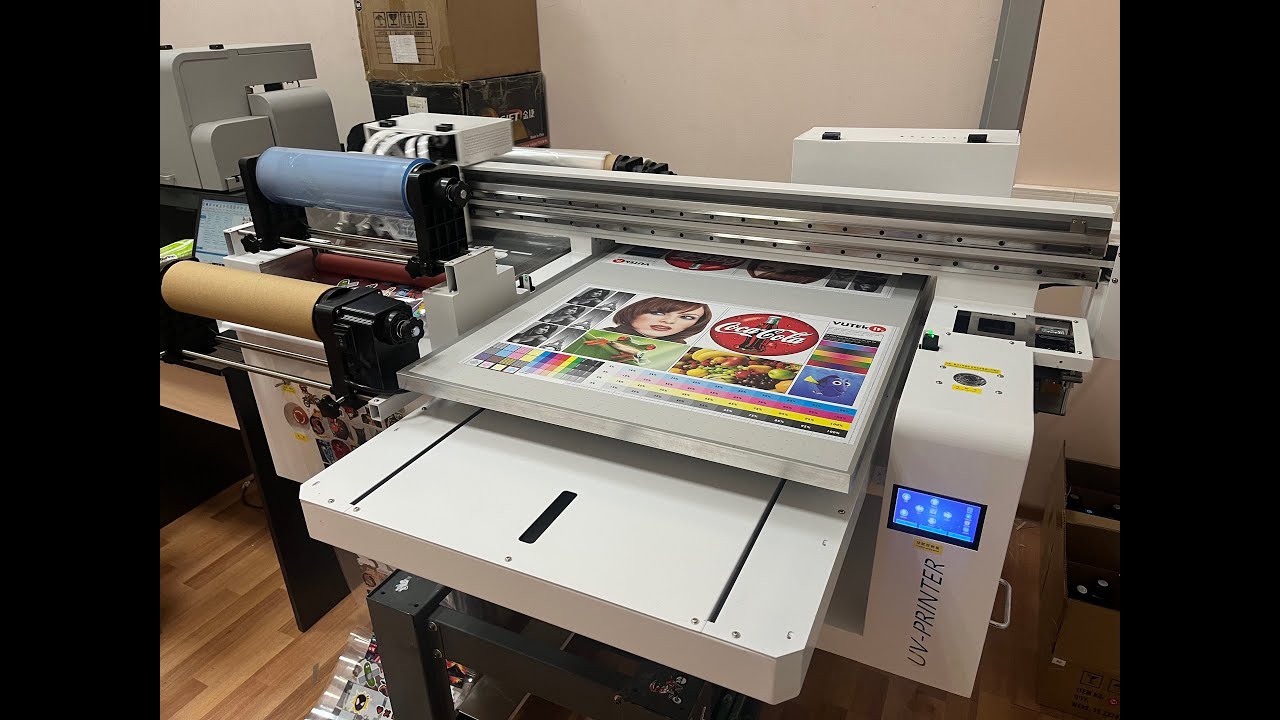 УФ принтер FS-6090uv-i1600 гибридный: планшетный принтер + DTF UV 30см + поворотное устройство