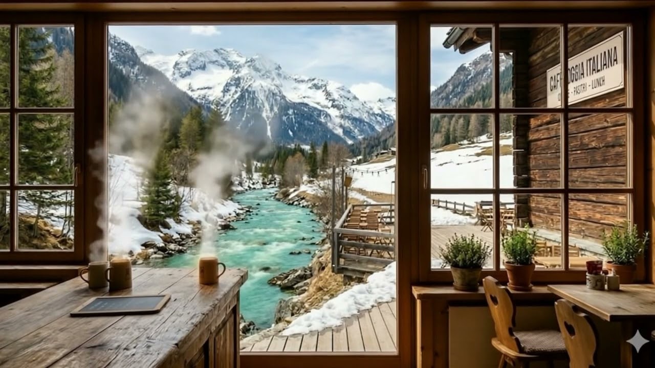 Italian Log Cabin Cafe ☕ Relaxing Jazz Piano | Cozy Mountain Cafe Ambience