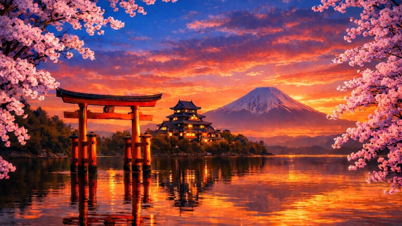 Cherry Blossoms & Mt. Fuji Sunset Lofi 🌸 Torii Gate Japanese Ambience | Study, Relax & Chill Beats
