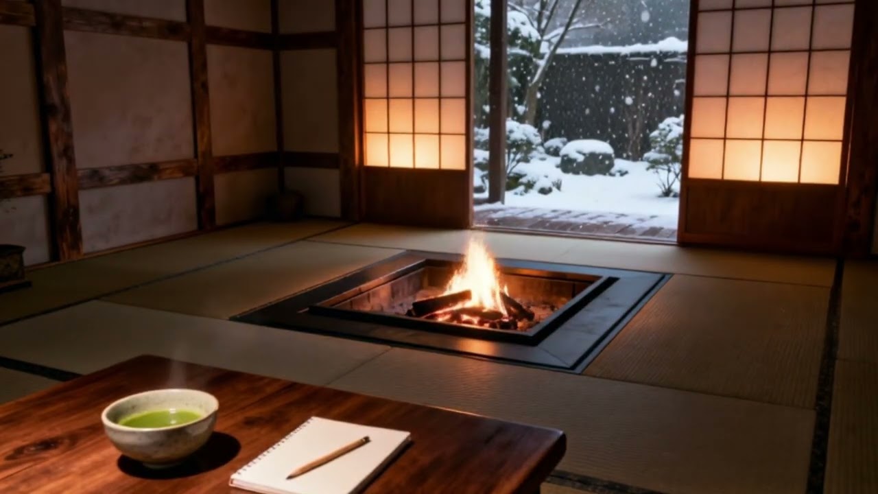 Japanese Wabi-Sabi Fireplace with Matcha | Calm Winter Study Ambience