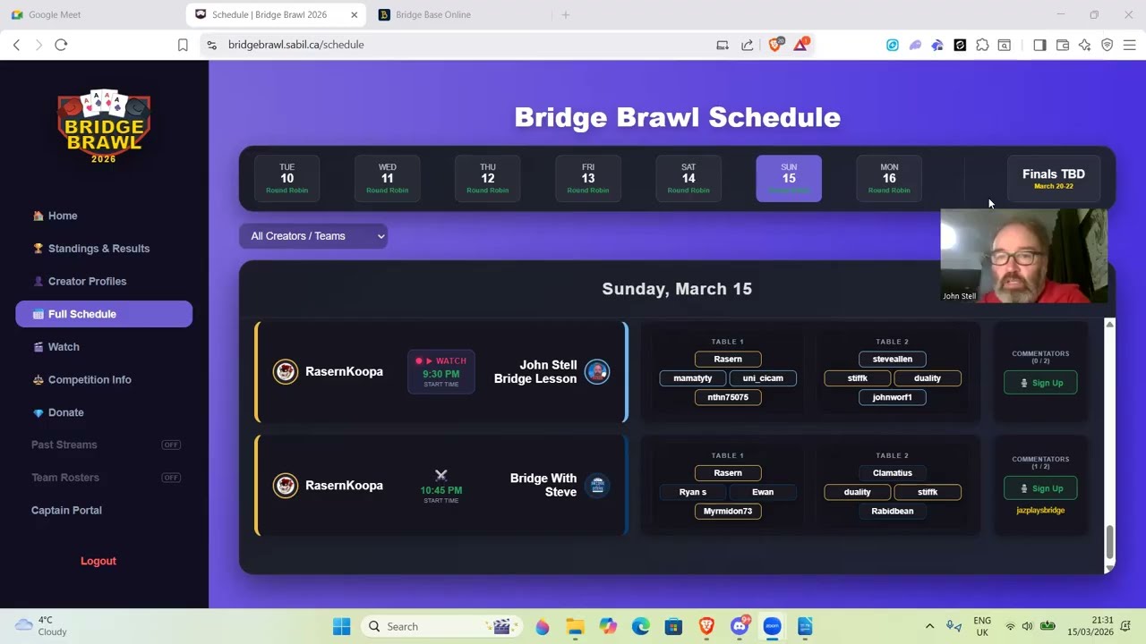 Турнир по бриджу Bridge Brawl, матч 7 против Rasern Koopa — 15 марта 2026 года.