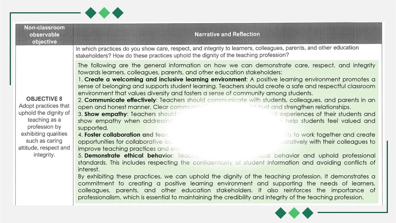 Teacher Reflection form with Sample answer for Teacher I Applicant