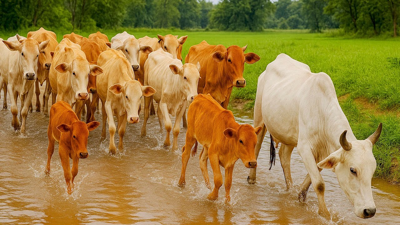 Kerumunan Sapi Lembu berlarian dan melompat di ladang hijau luas, Suara Sapi Moo, Sapi Lucu Di Sawah