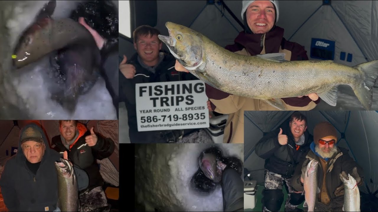Michigan NIGHT TIME Steelhead and Atlantic Salmon Ice fishing! Lake Huron Guided Ice Fishing Trips!