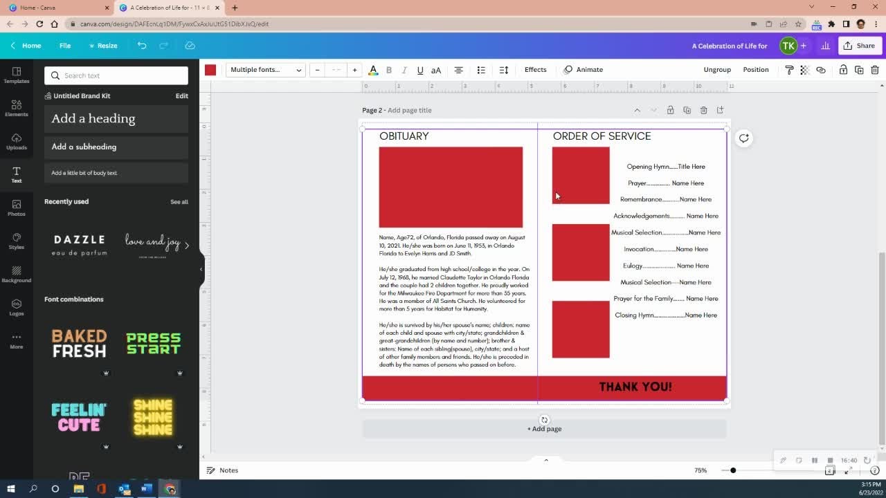 How to design the inside of a funeral program in Canva part 2