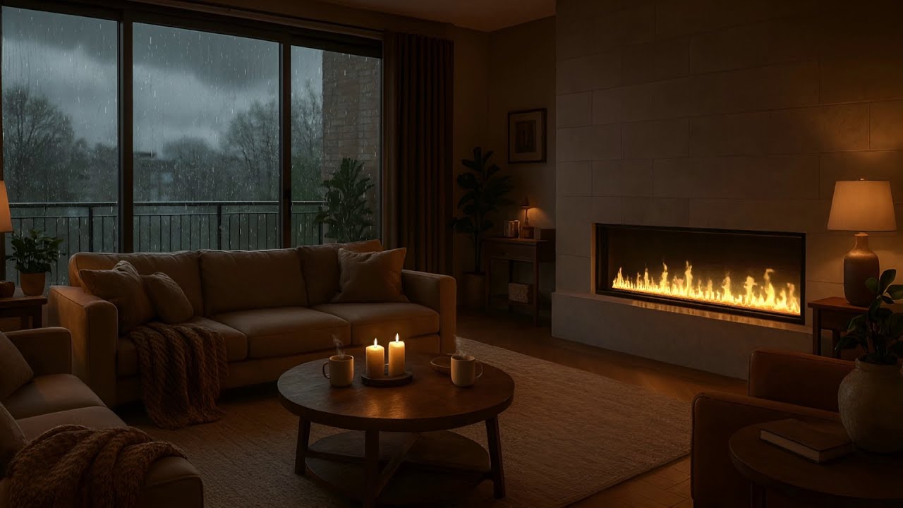 Rainy Night at The Emberlight Penthouse: 10 HRS Cozy Fireplace & Heavy Rain Sounds for Deep Sleep 4K