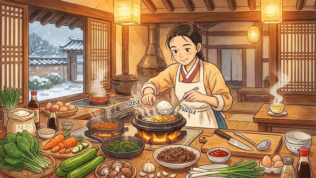 Cozy Winter Hanok Dinner | Dolsot Bibimbap + Warm Barley Tea | Ghibli Style ASMR