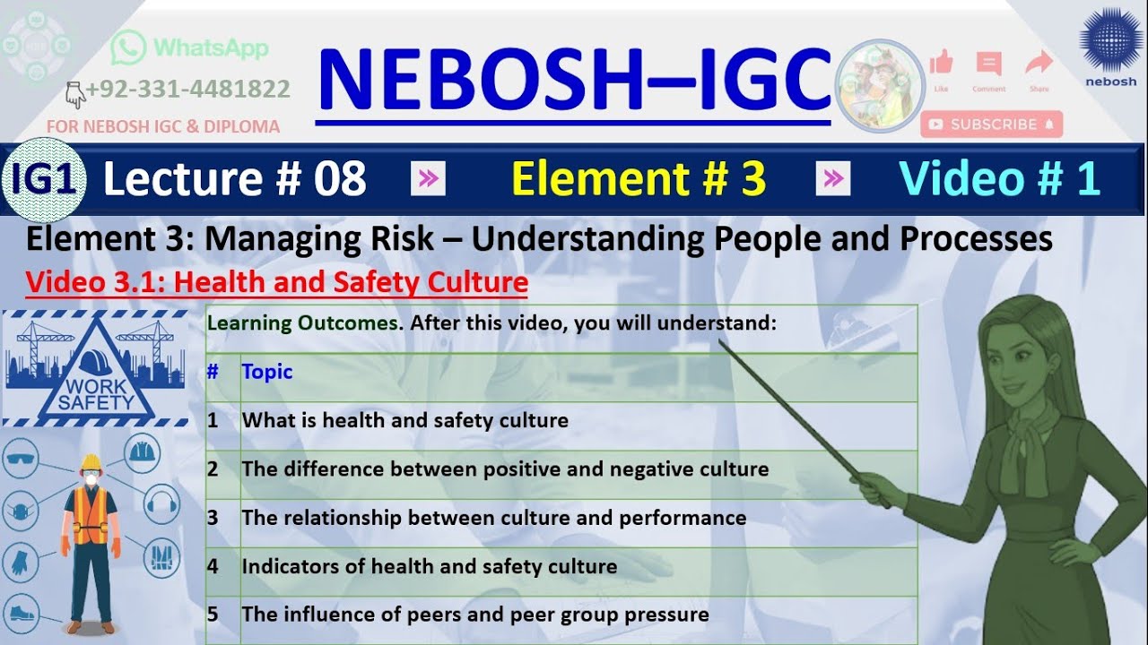 NEBOSH IGC Lecture 8 (Element 3) - Health and Safety Culture || NEBOSH Book IG1 Lecture 8