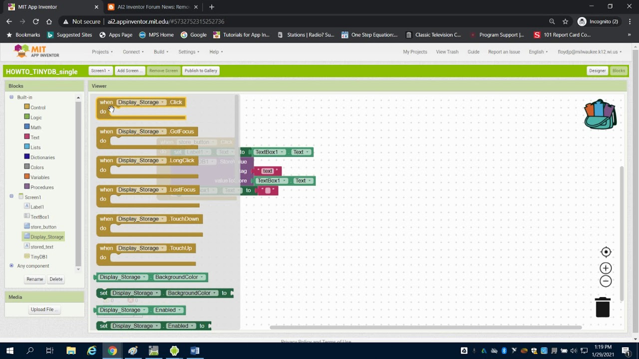 Хранение данных с использованием TinyDB в MIT APP INVENTOR 2 PLTW App Creators