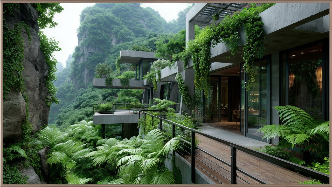 Modern Jungle Architecture 4K Screensaver | Concrete Terraces, Greenery & Futuristic Natural Design