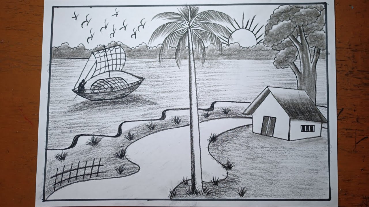 How to draw a landscape for beginners/Beautiful Village river scenery drawing/Gramer drisso drawing