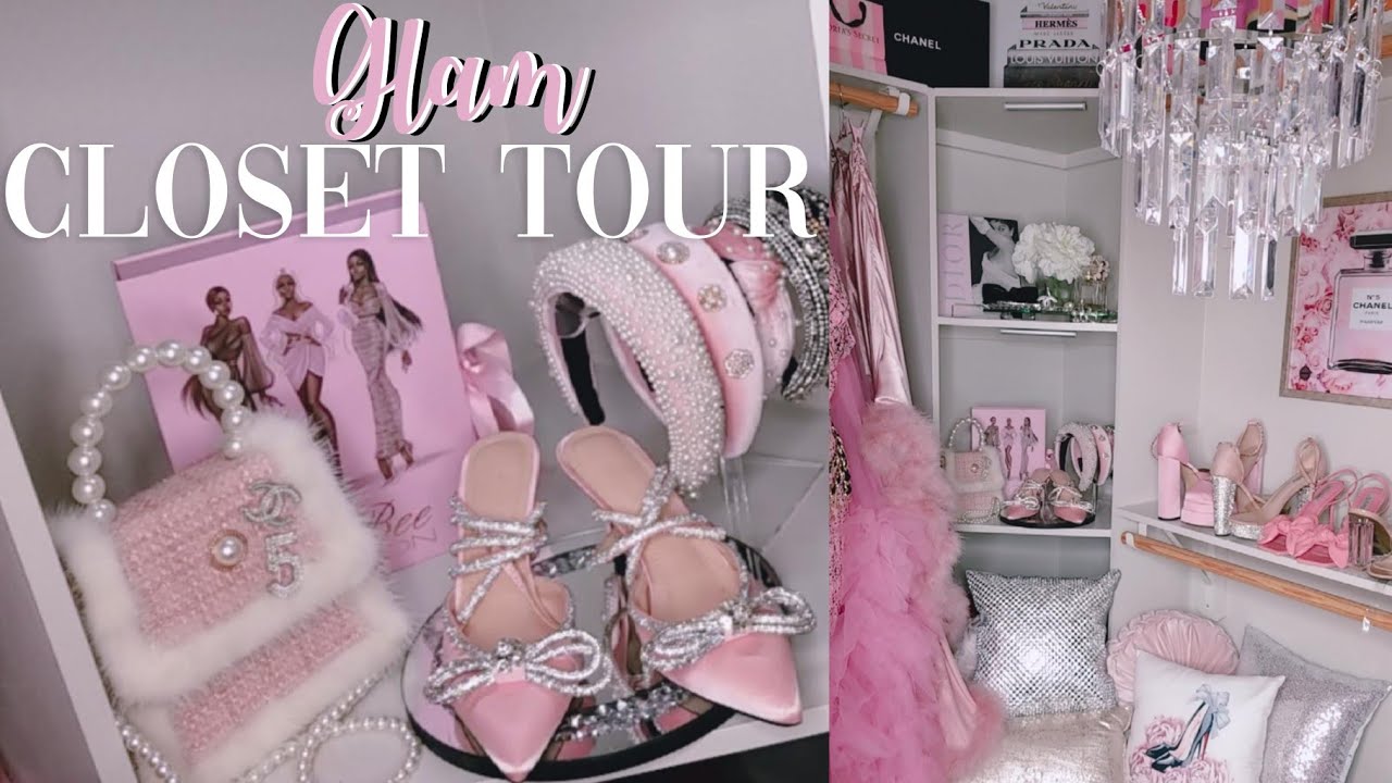 My glam VERY girly pink walk in closet tour | Small apartment ideas 2023 | Luxury for less 🎀