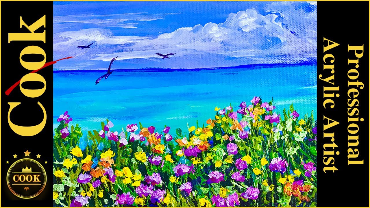 How to Add Texture to Colorful Yellow and Purple Flowers by the Sea A Step-by-Step Acrylic Lesson