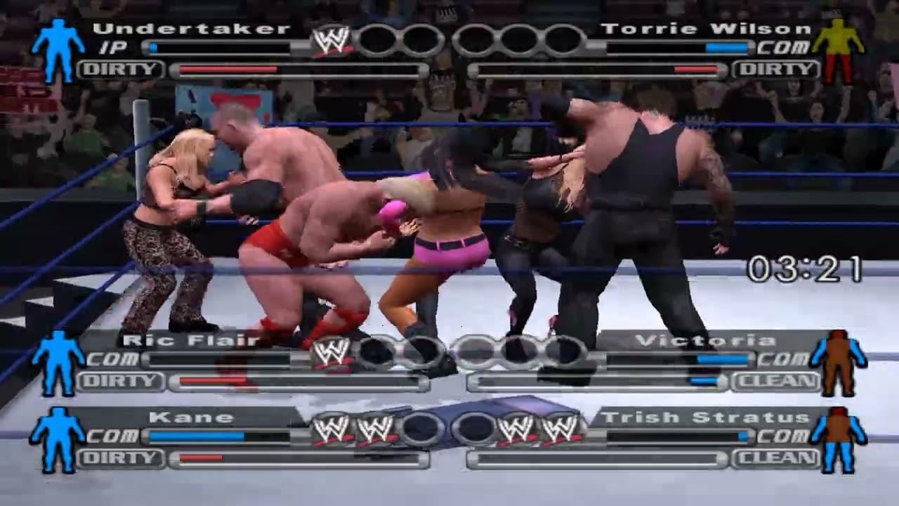 Undertaker & kane & Ric vs Torrie & Trish & Victoria Tornado tag match SVR