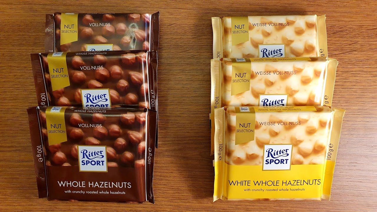 Whole Hazelnuts VS White Whole Hazelnuts. RITTER SPORT chocolate.