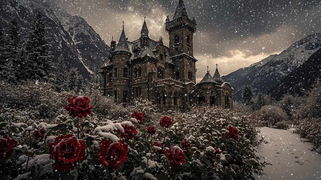 Winter Rose Garden Beneath the Gothic Castle | Dark Academia | Snowfall Ambience for Study & Work