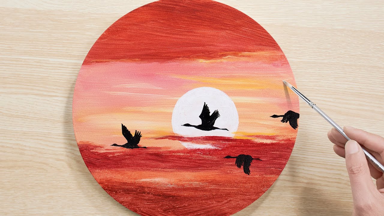 🎨 Painting Swans Flying in a Glowing Sunset | Easy Acrylic Step by Step
