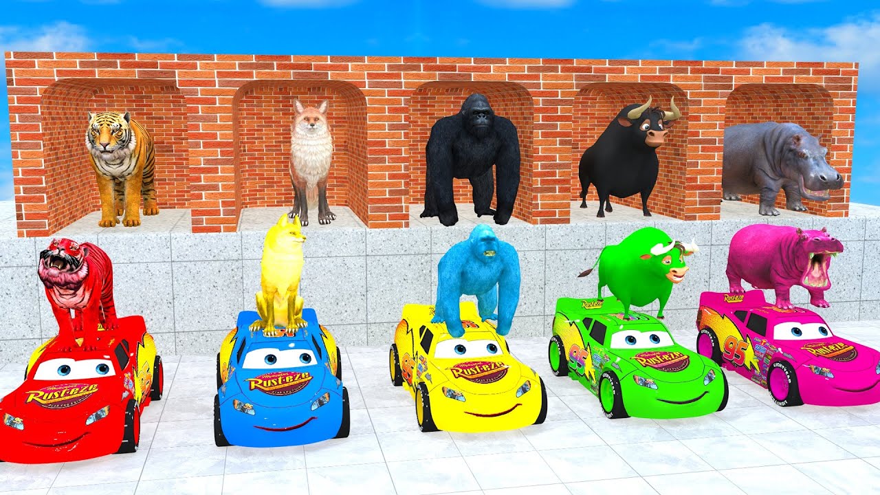 Long Slide Game With Fox Cow Gorilla Hippopotamus Tiger - Funny 3D Animals - 3D Animals Game