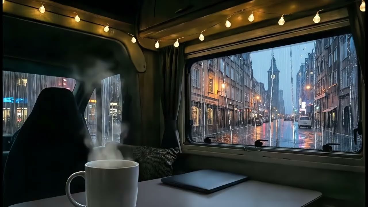 (NO ADS) Almost 4 hour Rain Outside Campervan in the middle of city street, Warm Inside | Relax