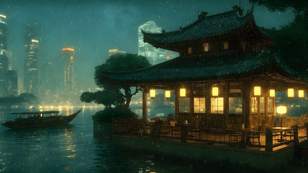 Rainy Riverside Pavilion at Night – Zen City Mood | Deep Focus & Relaxation | 4K