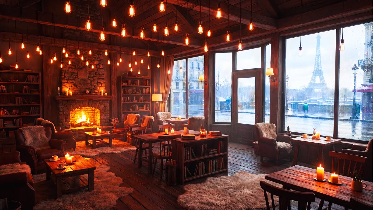 Rainy Morning in Paris ☕ Soft Jazz, Crackling Fire & Coffee Shop Vibes for Peaceful Work