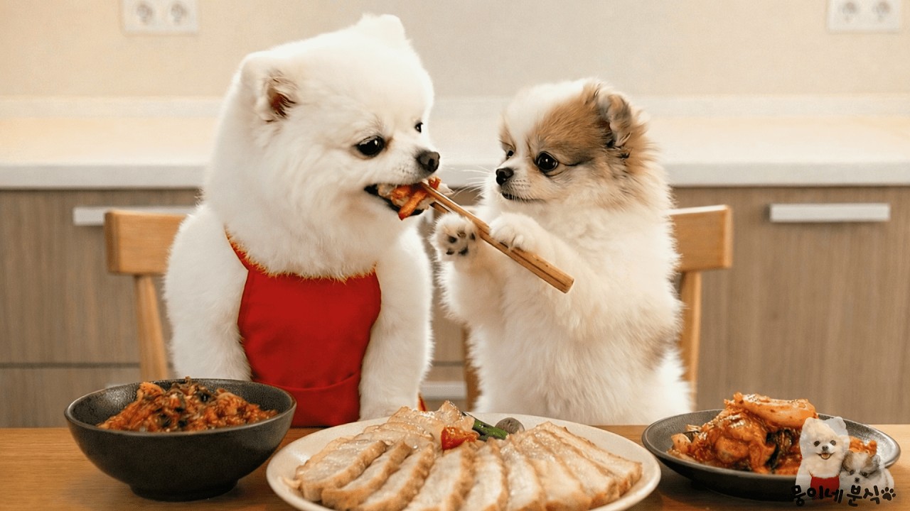 야들야들 수육 삶아 서로 먹여주는 댕댕이들🐾(수육+무생채+막걸리 환상조합!)