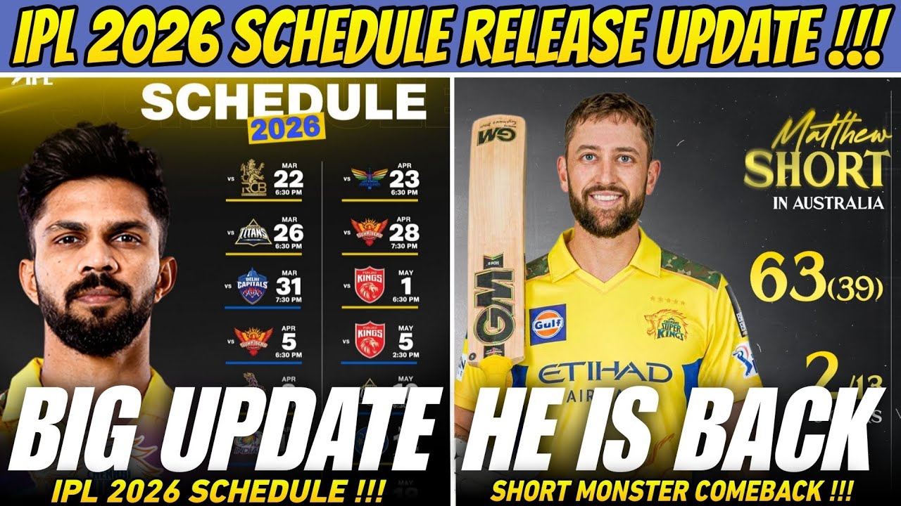IPL 2026 Schedule Release Big Update 🤯 Mathew Short CSK Comeback ! 