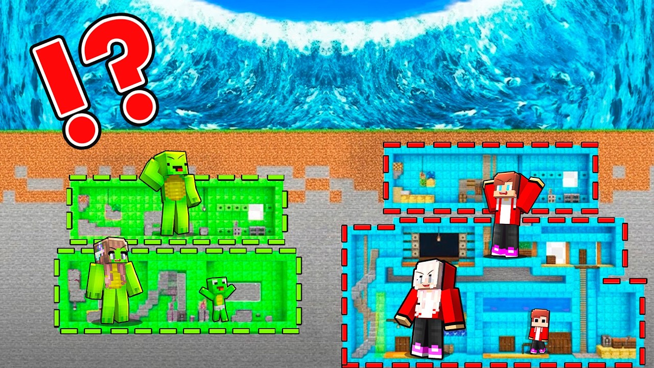 JJ vs Mikey Secret Underground Base! Family Survival from Tsunami in Minecraft - Maizen