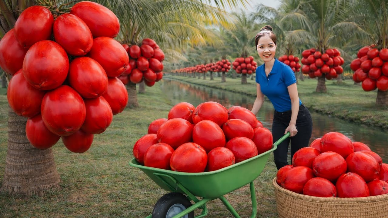 Harvesting 1000+KG of Red COCONUTS by a forgotten stream - Cooking traditional dishes.