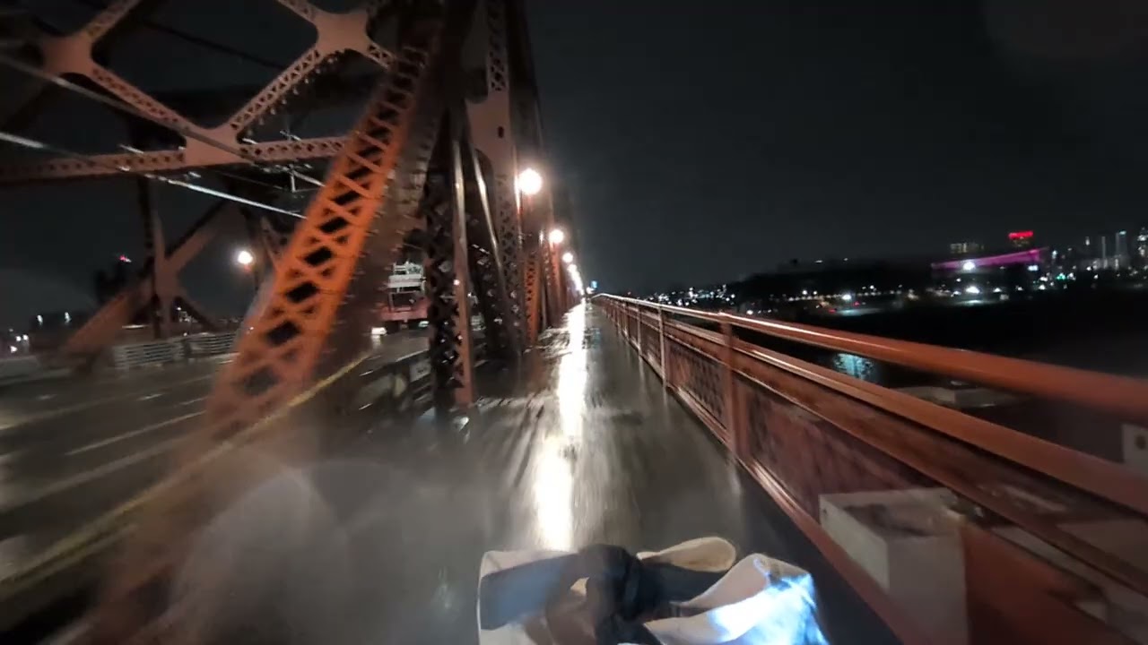 Rainy Winter Night Bike Ride Across the Broadway Bridge in Portland Oregon 