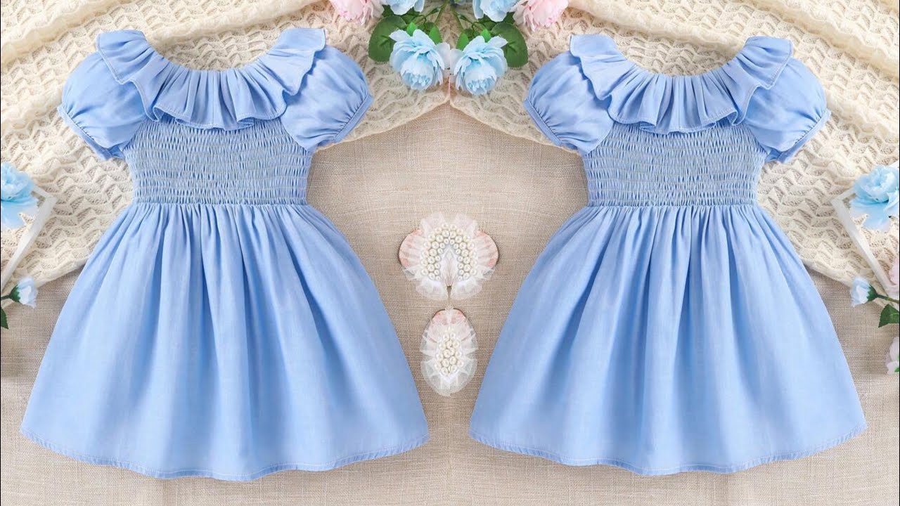 Readymade Style Puff Sleeve Ruffle Shirred Baby Frock Cutting and Stitching/Very Easy Baby Frock