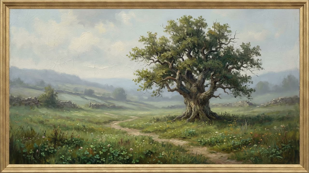 St Patrick’s Day Ancient Oak Clover Meadow | Framed Art TV Wallpaper 4K | Oil Painting | 2 Hours