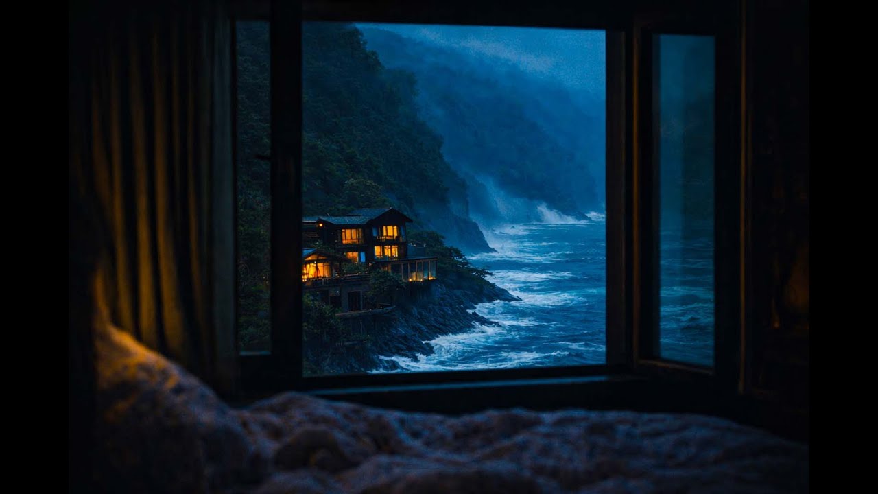 Ocean Waves at Night from a Cozy Window | Sea Sounds for Deep Sleep & Relaxation