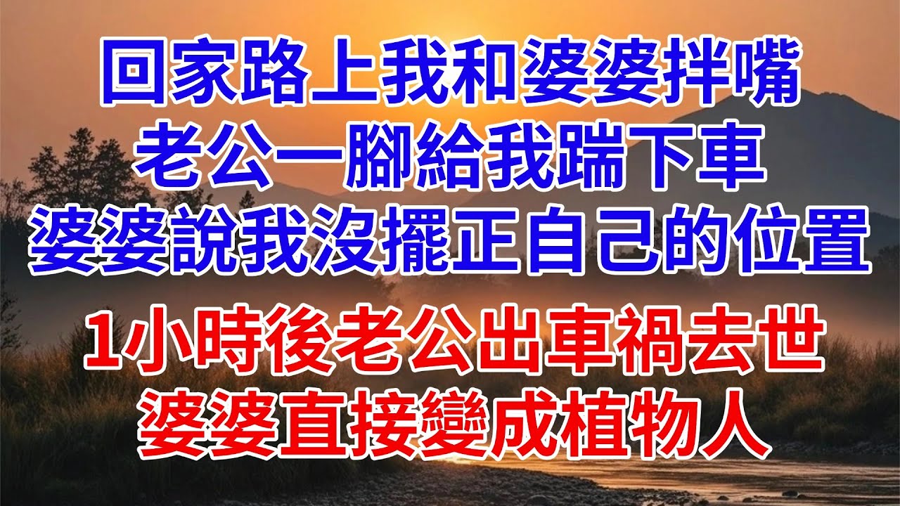 回家路上我和婆婆拌嘴，老公一腳給我踹下車，婆婆說我沒擺正自己的位置，1小時後老公出車禍去世，婆婆直接變成植物人#婆媳關係 #家庭故事 #爽文#女頻 #分享 #完结文