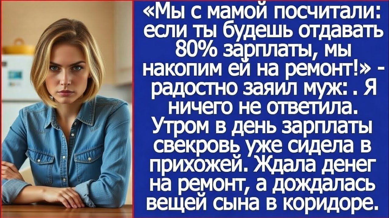 Мы с мамой посчитали: если ты будешь отдавать 80% зарплаты, мы накопим ей на ремонт! Заявил муж.