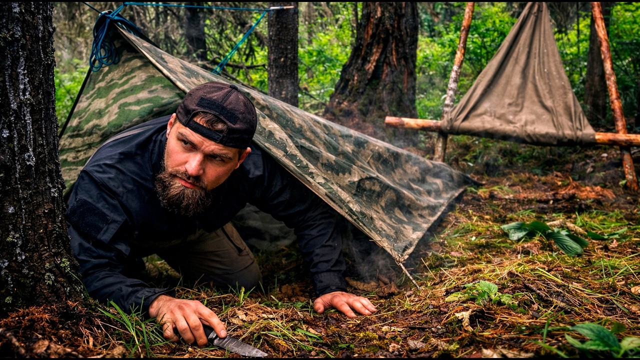 Bushcraft Skills in the Wild: Tarp Shelter, Camp Setup & Forest Cooking