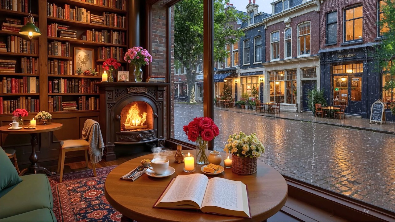 Уютная дождливая мартовская кофейня 🌧️ Расслабляющая джазовая музыка и звуки камина для учёбы
