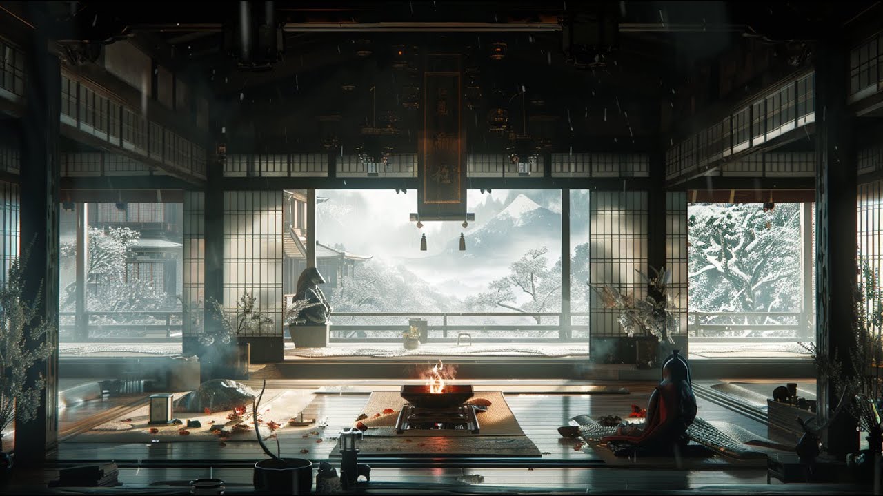 Winter Background Music for Study & Work | Relaxing Japanese Fireplace Fire Sounds