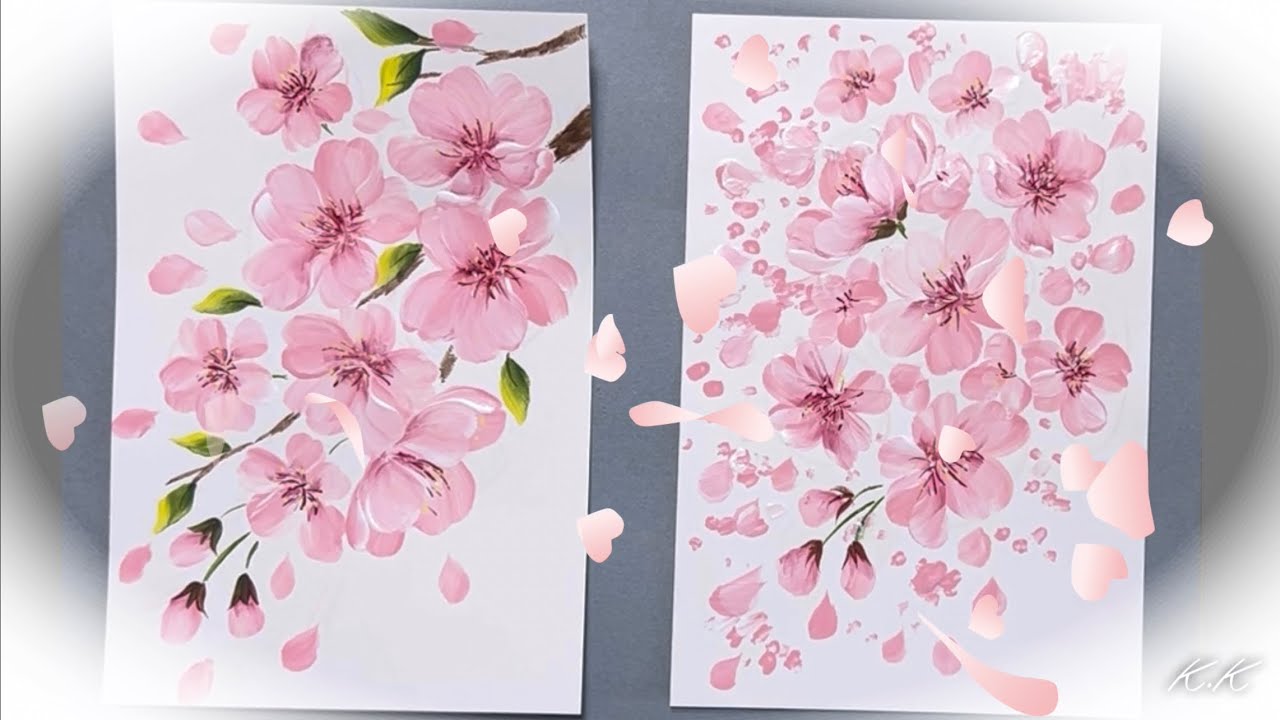 【トールペイントでハガキ絵】桜が舞い散る絵の描き方🌸(アクリル画)-Cherry blossoms, Acrylic painting step by step