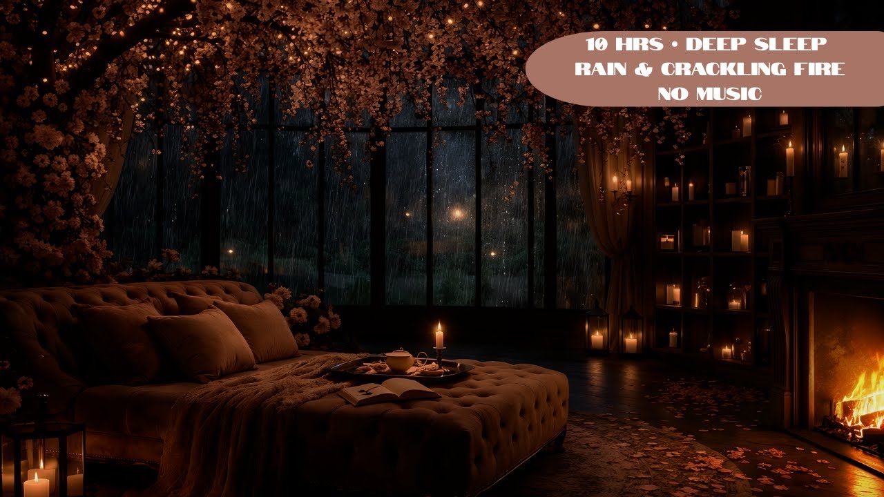 10 Hours |Deep Sleep | Rain & Crackling Fireplace with No Music | Dark Screen
