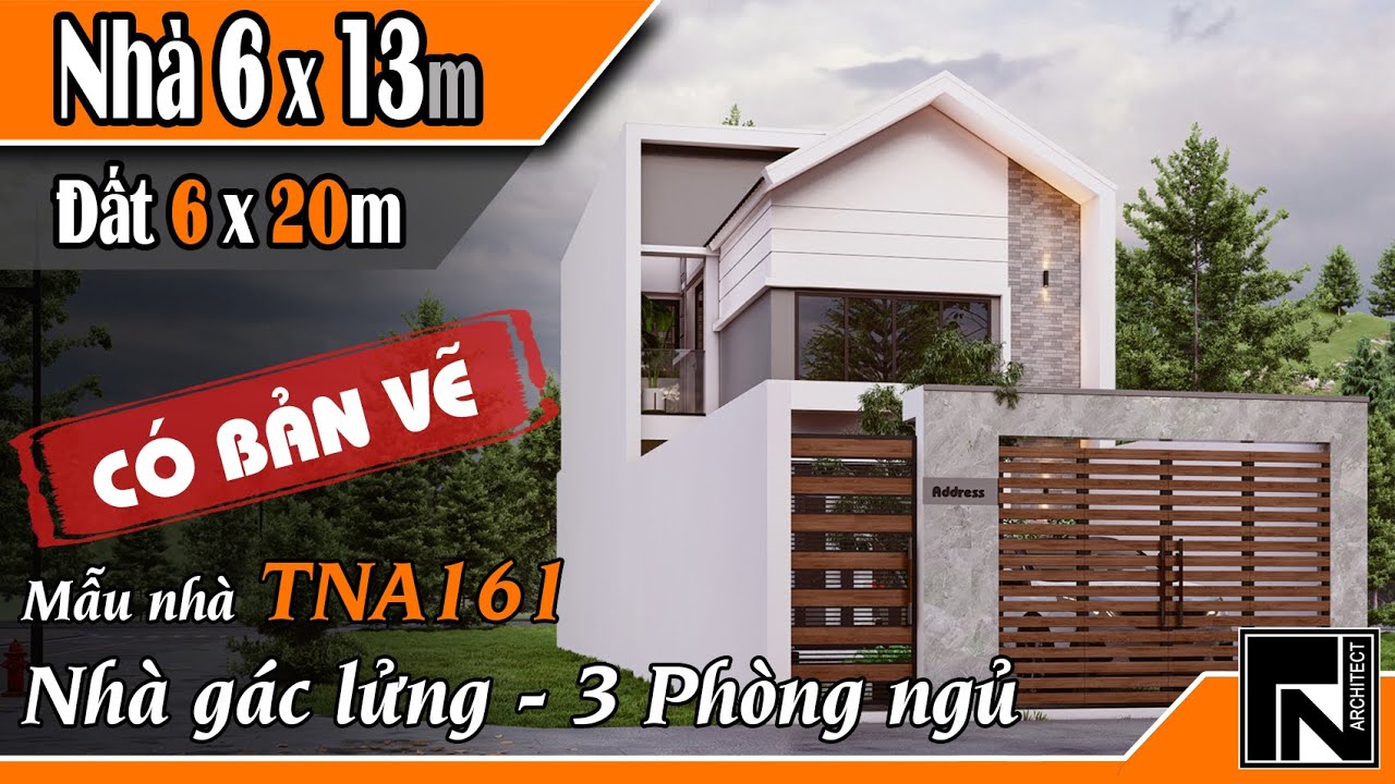 TNA161 - Mẫu nh&agrave; g&aacute;c lửng đẹp hiện đại 6x12m (đất 6x20m) 3 ph&ograve;ng ngủ