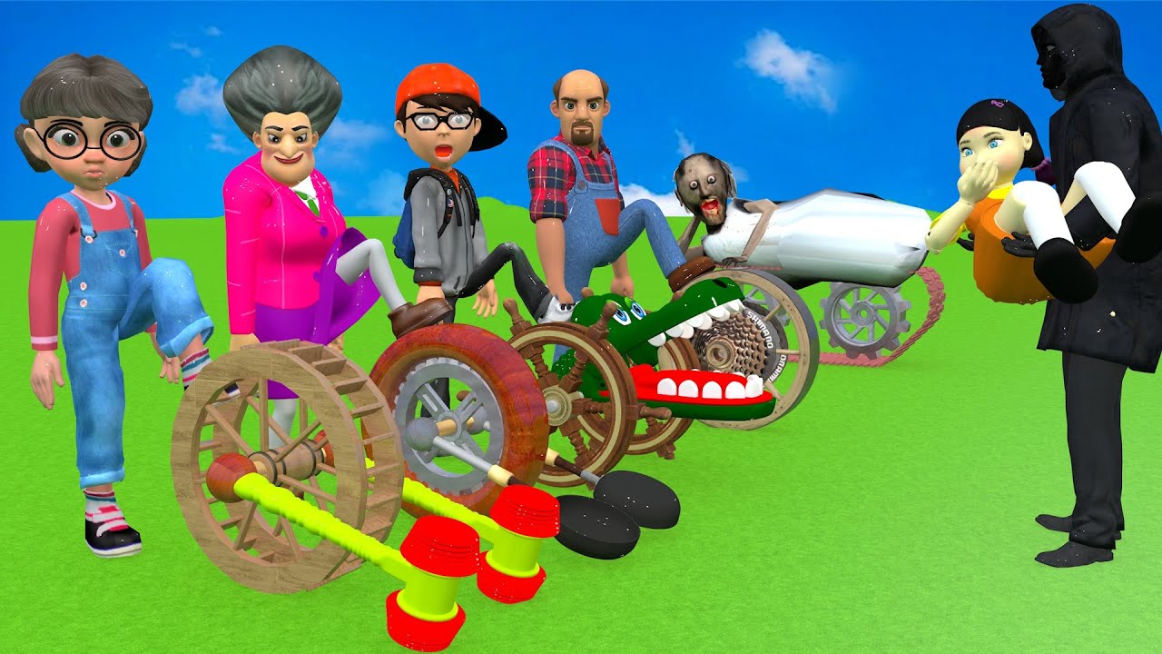 Scary Teacher 3D vs Squid Game Slopes Wooden Wheel Level Max Jump Up 5 Times Challenge