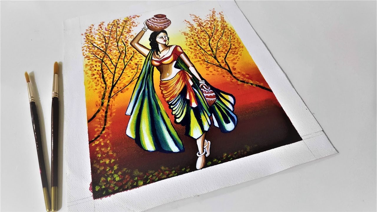 Painting Tutorial of Traditional Indian Rural Woman Fetching Drinking Water Pot to Home Acrylic