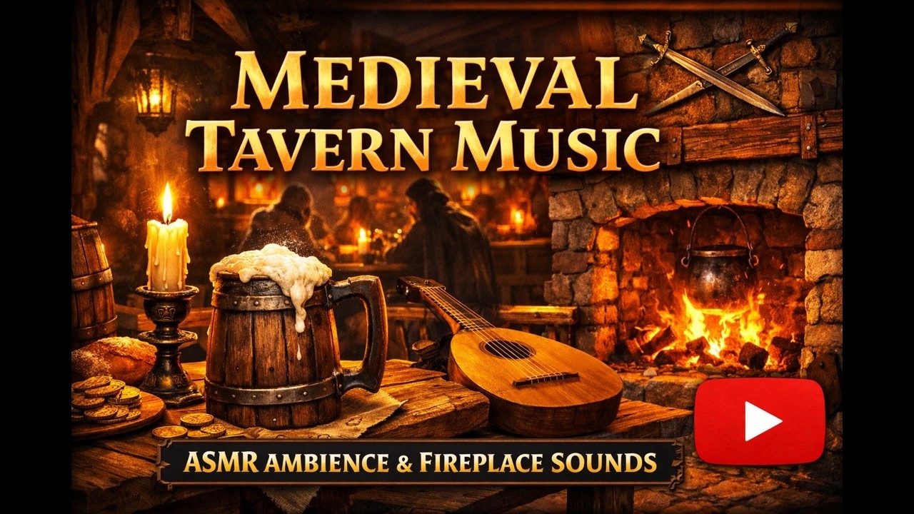 Medieval Tavern Music ASMR Ambience with Fireplace Sounds
