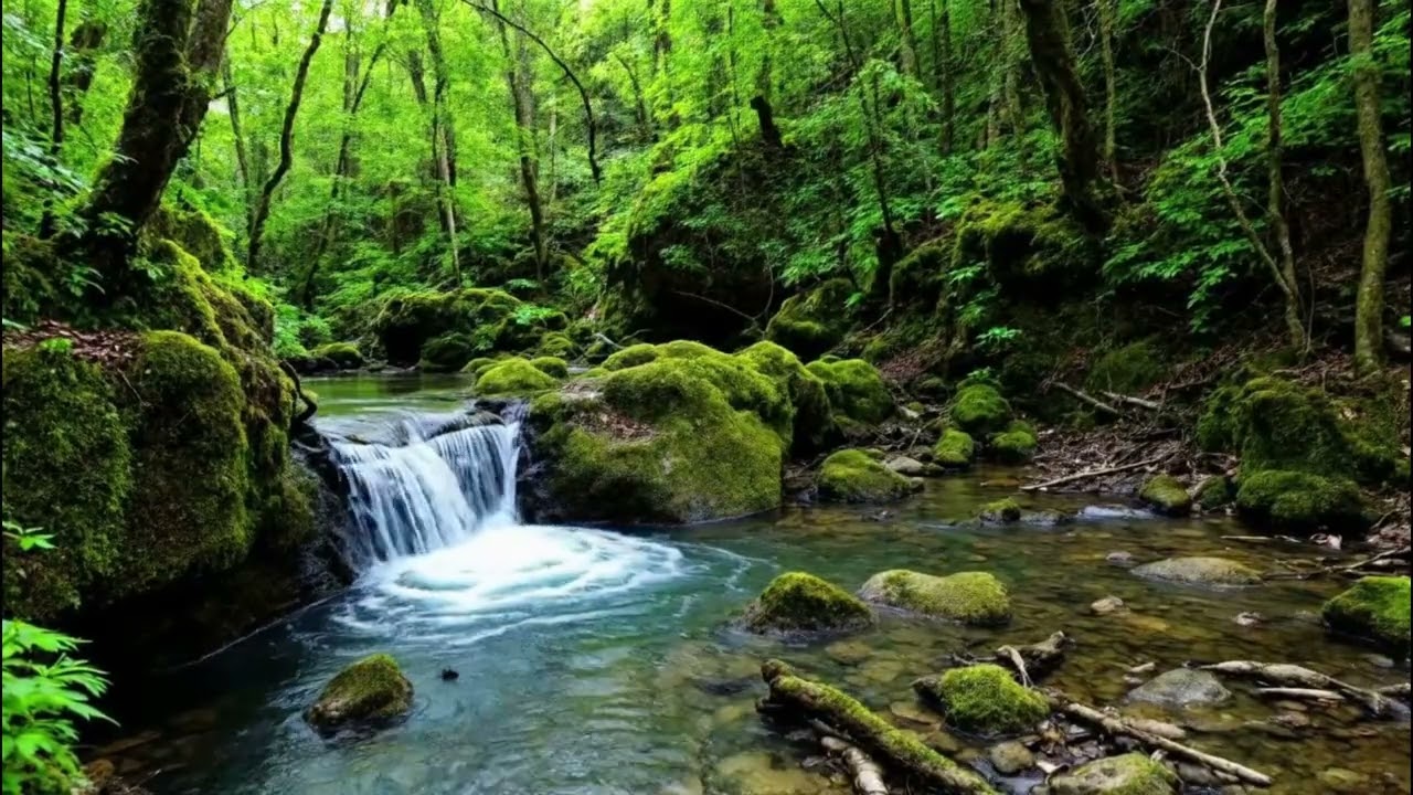 Natural Forest Waterfall Sounds in a Mossy Green Valley