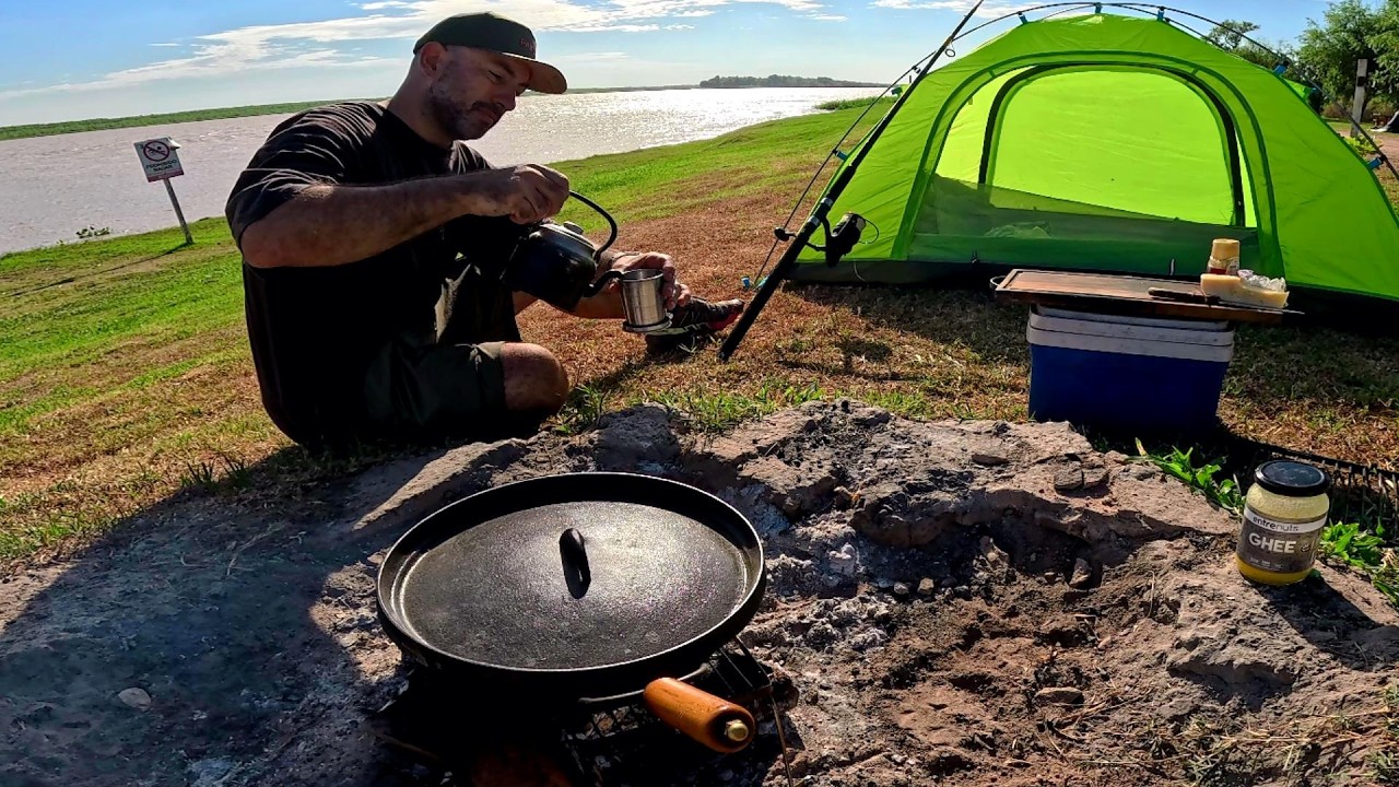 Acampando en Solitario, Pesca y Cocina a la orilla del río, Carne Asada. pesca urbana