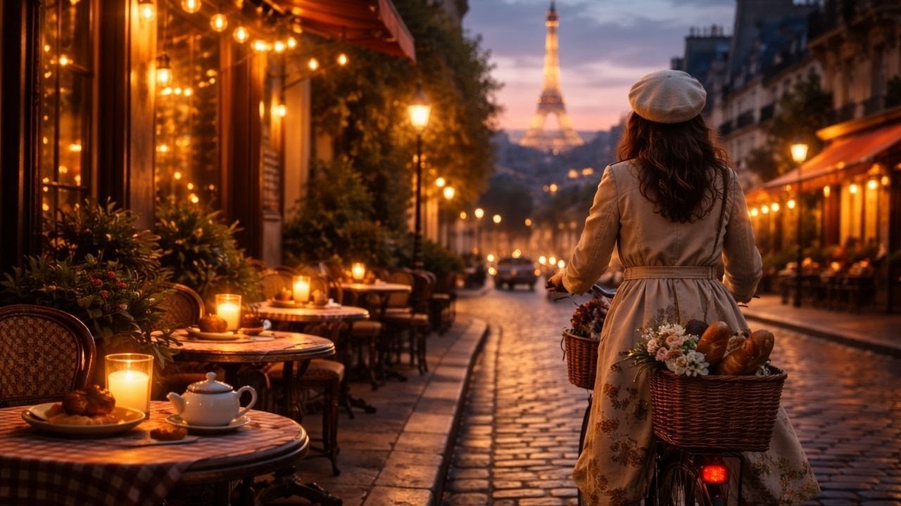 French Jazz Café Evening | Paris Street Ambience & Bicycle Ride