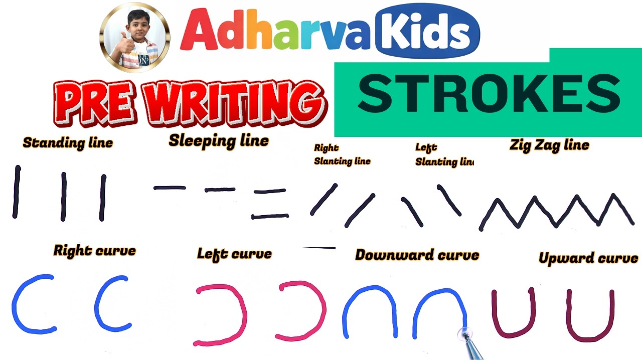 Basic writing strokes for nursery kids, lines and curves, adharva kids