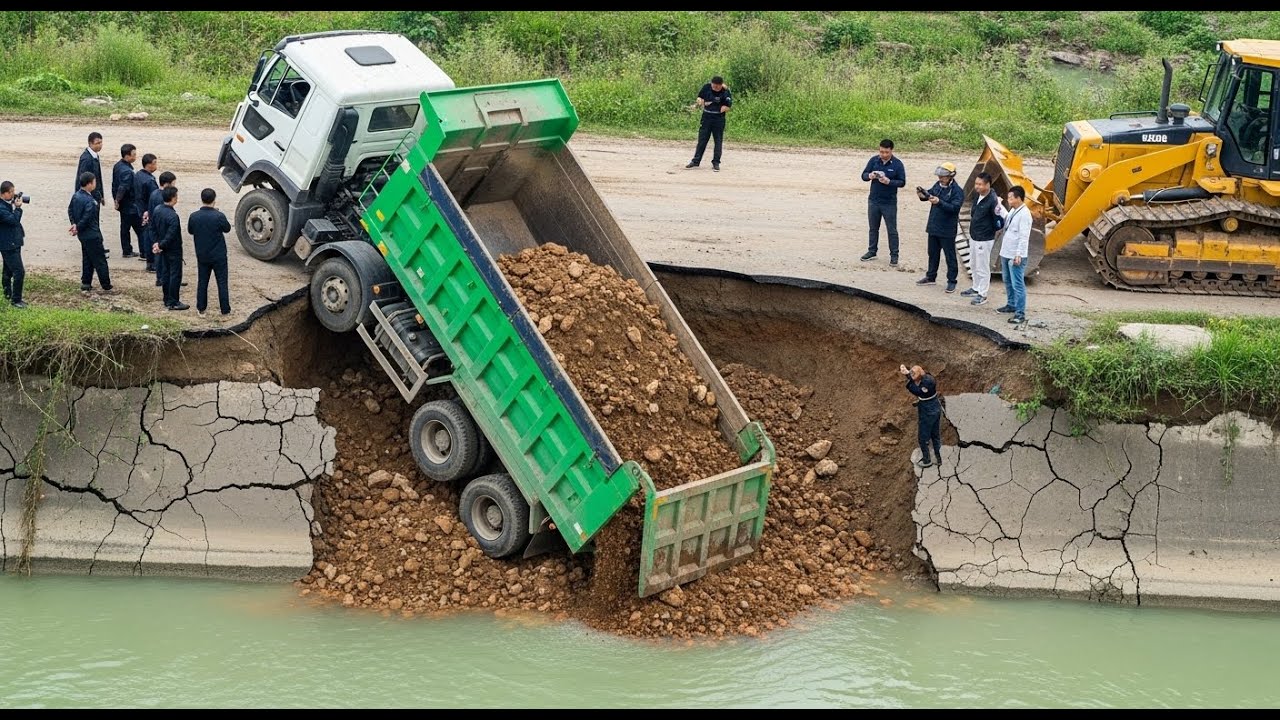 Great New Landfill Use Old Dozer& Many 5t Dump Truck Unloading Stone Back Fill Sink Land
